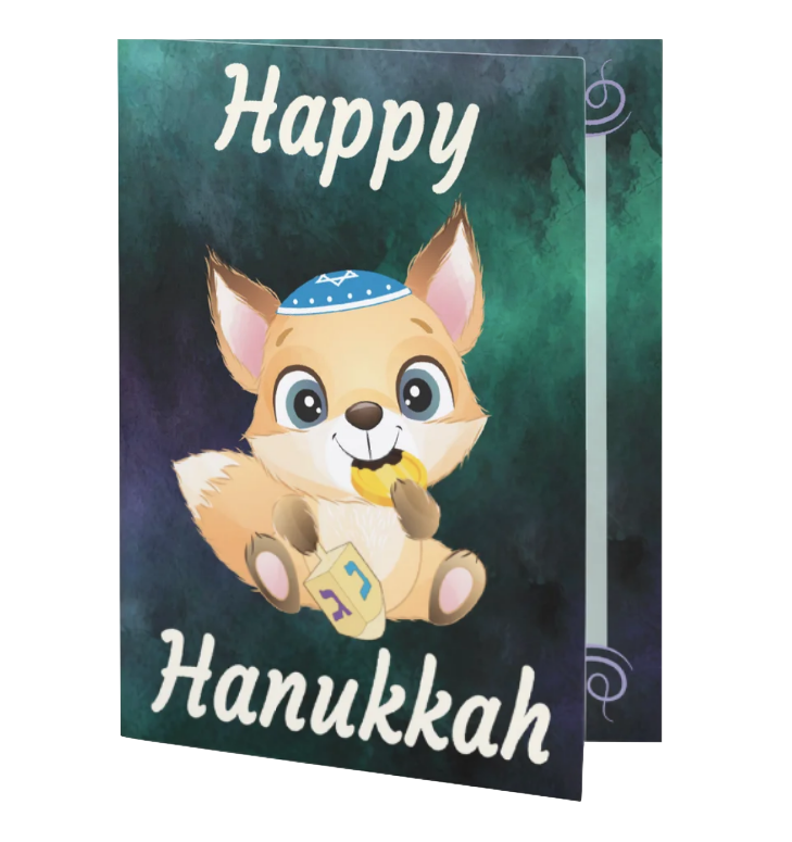 PREORDER: Fox with dreidel and gelt Hanukkah card