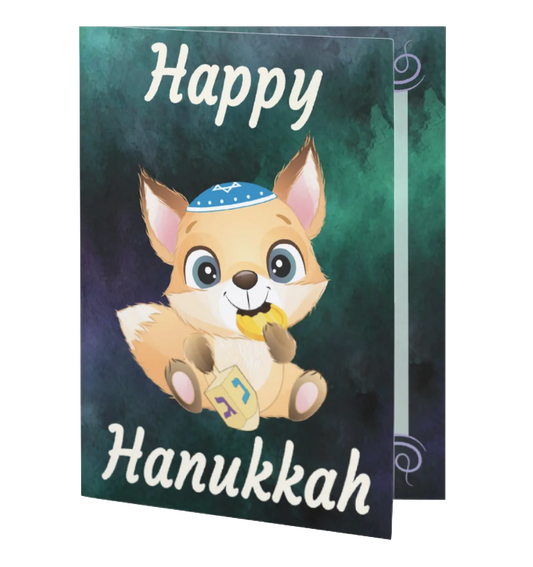 PREORDER: Fox with dreidel and gelt Hanukkah card
